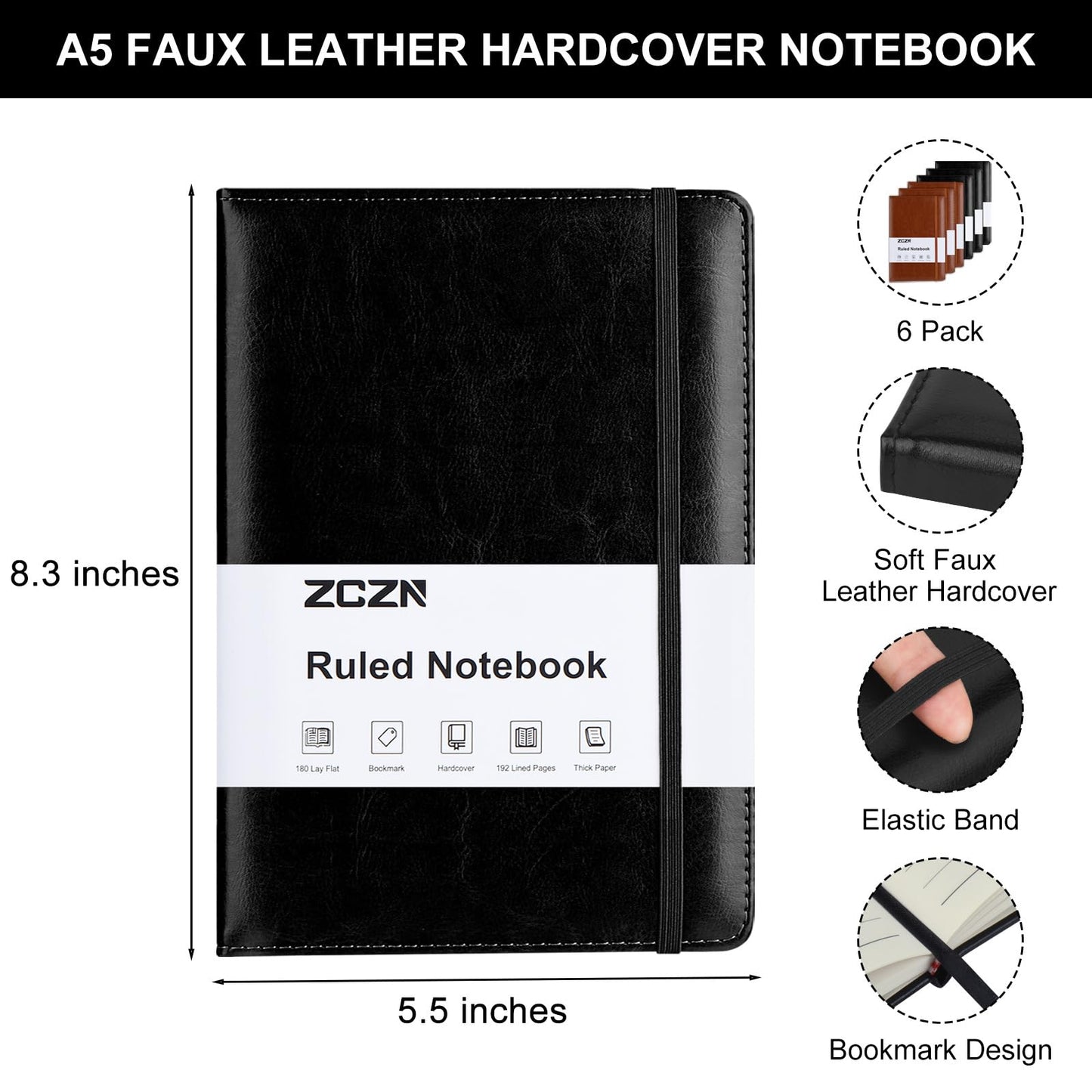 ZCZN 6 Pack Lined Journal Notebooks, 192 Pages A5 Hardcover Leather Journals for Work,Writing,School & Travel, College Ruled Journaling Notebooks for Notes Taking,Diary Notepad (Black*3+Brown*3)