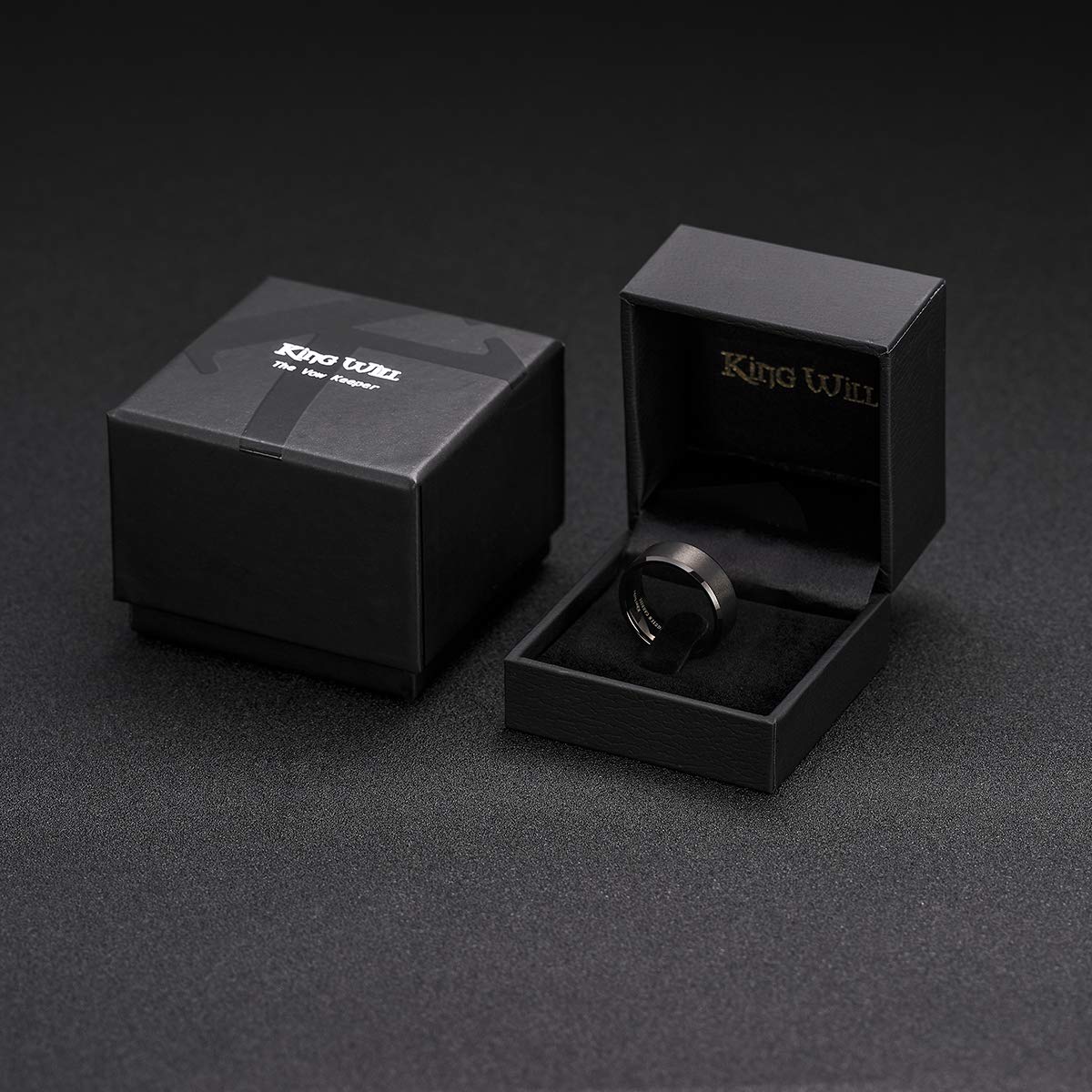 King Will 9mm Men's Black Wedding Ring - Brushed Matte Surface, Beveled Polished Edge, Comfort Fit Size 9