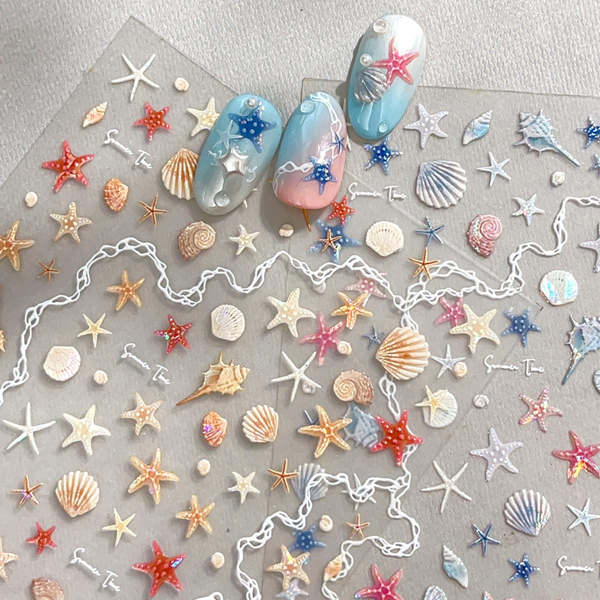 2 Sheets Summer Ocean Life Nail Stickers Beach Cute Seashell Starfish Conch Nail Art Stickers 5D Embossed Sea Theme Nail Decals with Shiny Light Design for Women Summer DIY Manicure