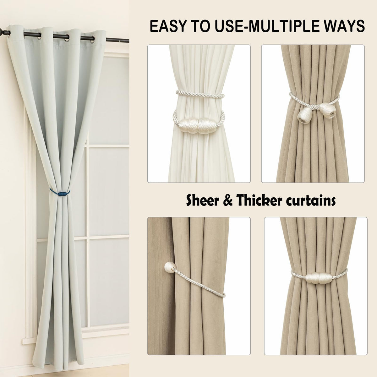 Magnetic Curtain Tiebacks Rope Curtain Tie Backs for Curtains 4 Pack Curtain Holders for Drapes Decorative Window Curtain Holdbacks (4 Count)