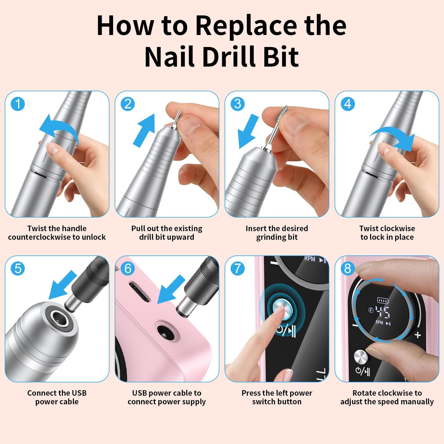 Electric Nail Drill Machine 45,000RPM - Professional Electric and Rechargeable Nail Drill with LCD Display, 6 Bits and 30 Sanding Bands, Low Heat Quiet E-File for Acrylic Gel Nails (Pink)