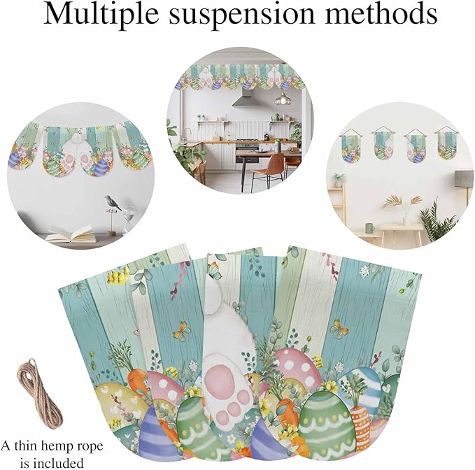 Cute Easter Bunny Banner 4Pcs Indoor Outdoor Hanging Banner Flag Eucalyptus Leaves Colorful Eggs Wooden Sign for Fireplace Mantel Decorative Bunting Garland Valance for Shop Door Decor 9.8"x15.8"