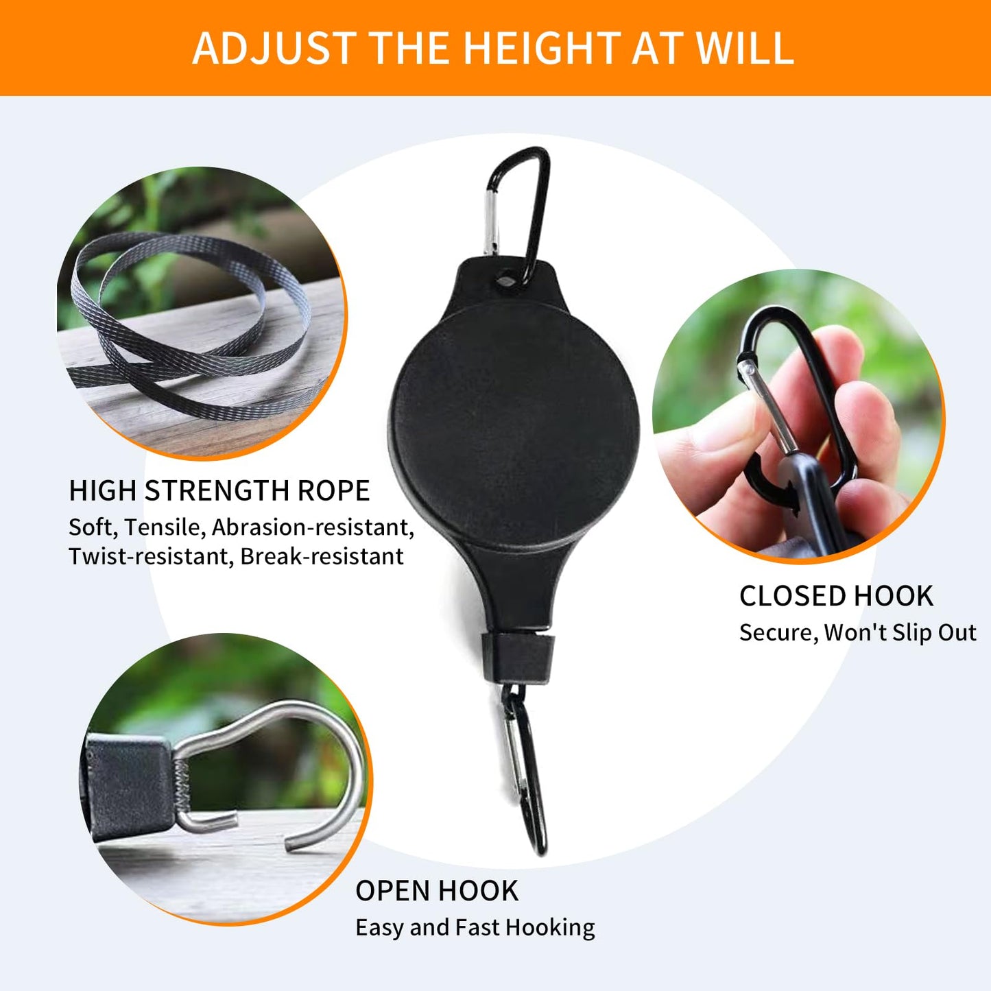 HOGXUAE 3Pack Retractable Plant Hanger Pulley System with Adjustable Rope Clips-Heavy-Duty for Indoor & Sheltered Outdoor Use(Max 15kg)