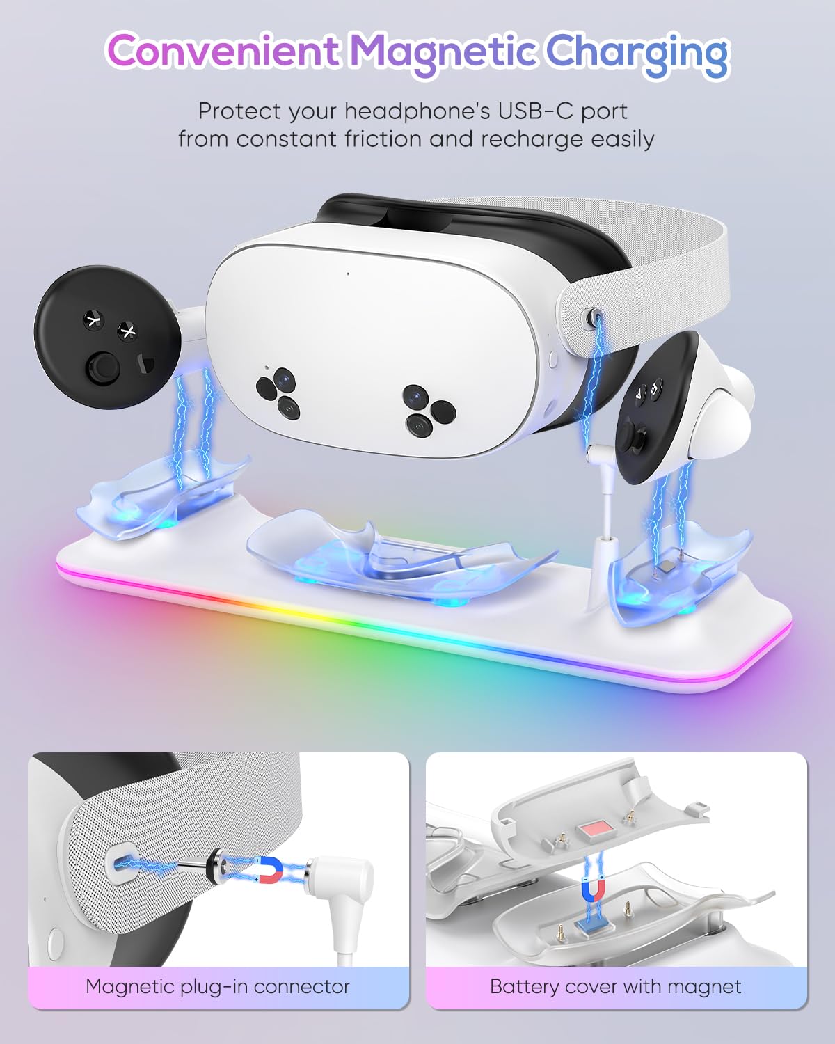 Charging Dock for Meta Quest 3S/3, Kinwin Magnetic Charging Station for Oculus Quest 3S/3 Accessories with RGB Light, Charging Stand for VR Headset & Controller with 2 Rechargeable Batteries (White)