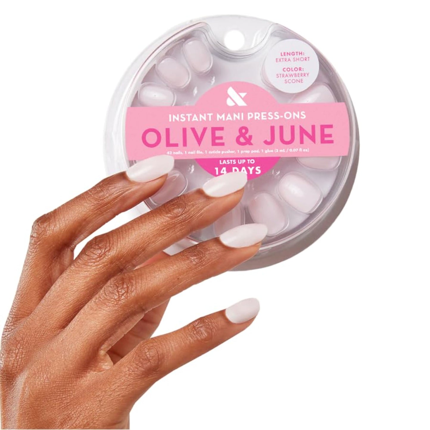 Olive & June Instant Mani Press-On Nails (Glue) | 42 Fake Nails, 21 Sizes | Non-Toxic, Long-Lasting Recycled Materials Realistic Look | Spring Flowers & Patterns | Extra Short, Round |Strawberry Scone