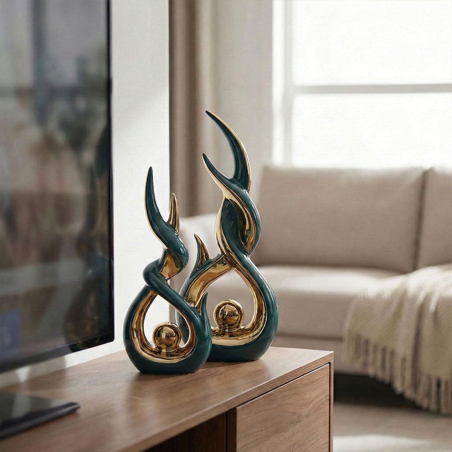 LCCCK Green and Gold Abstract Ceramic Sculpture Set of 2 Modern Electroplated Figurines Decorative Statues for Living Room Shelf Mantel Tabletop Home Decor Housewarming Gift