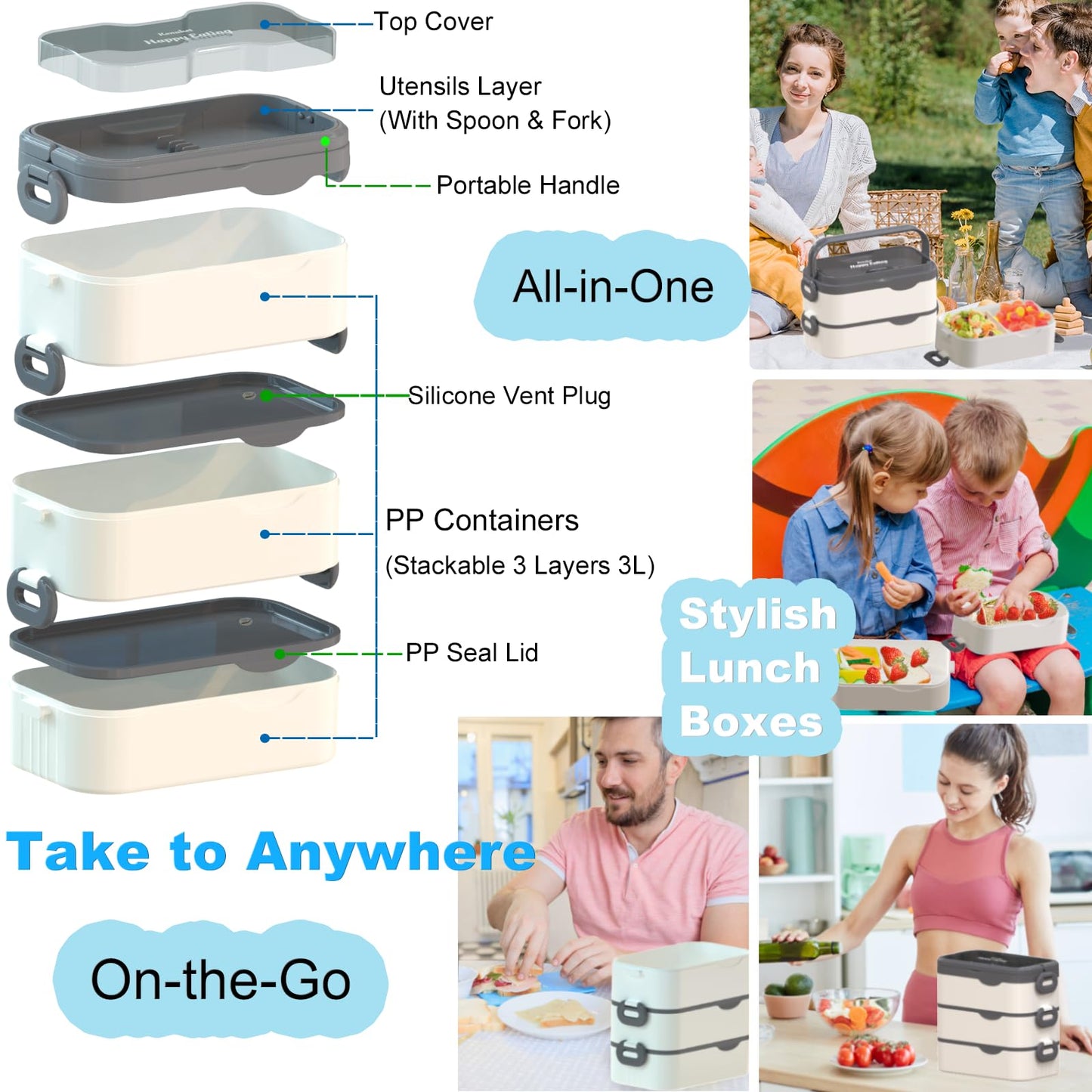 Kenuket Bento Box Adult Lunch Box, Stackable 3 Layers Large Capacity Lunch Containers, Microwave and Dishwasher Safe Food Grade Containers with Utensils, Dividers and Sauce Boxes for Men, Women, Kids