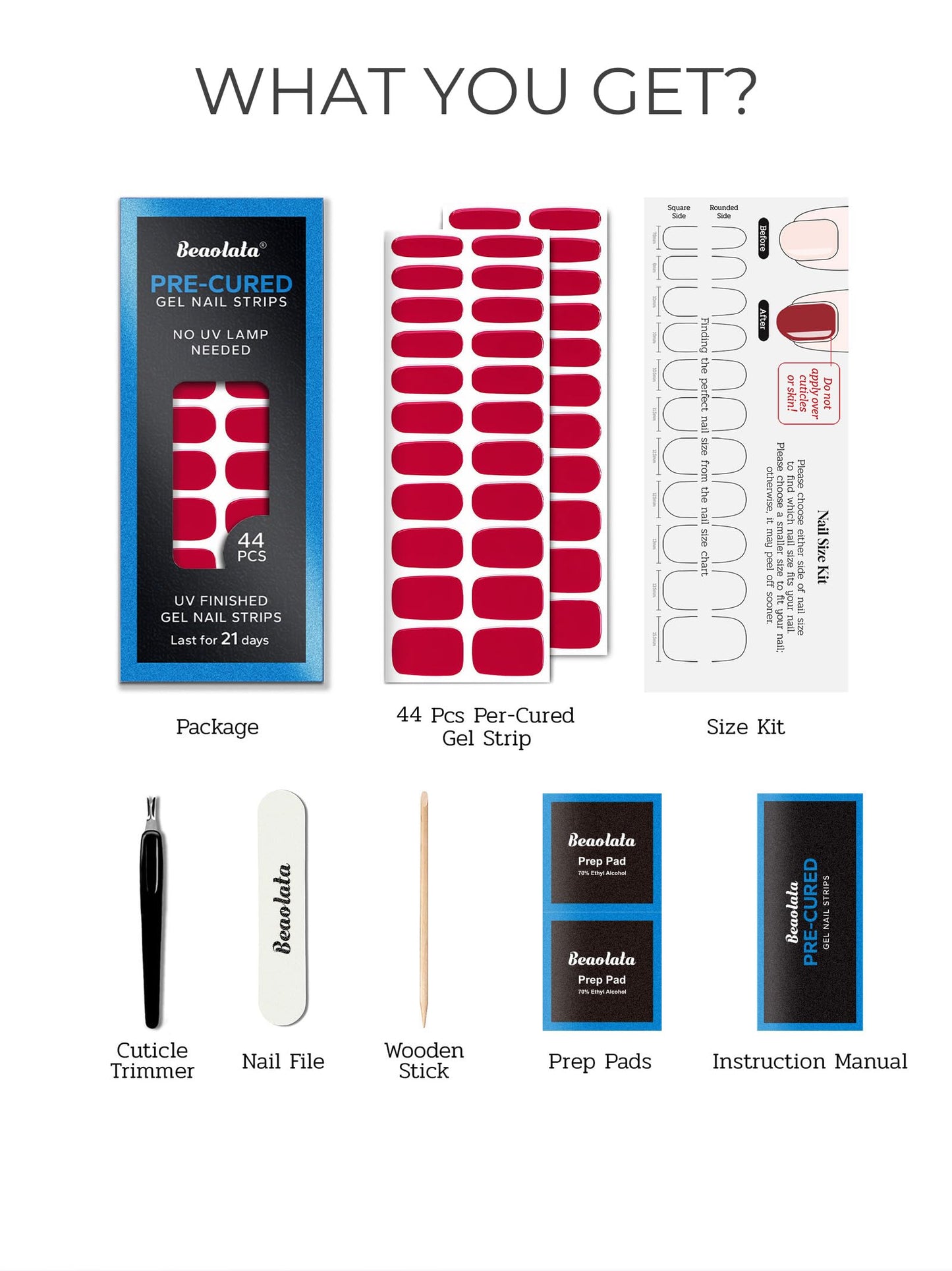 Beaolata Real Gel Nail Strips (No UV Light Needed) - 44Pcs Salon Quality Nail Stickers - Long Lasting Polish Wraps for Women, Easy Apply & Remove (Parisian Red
