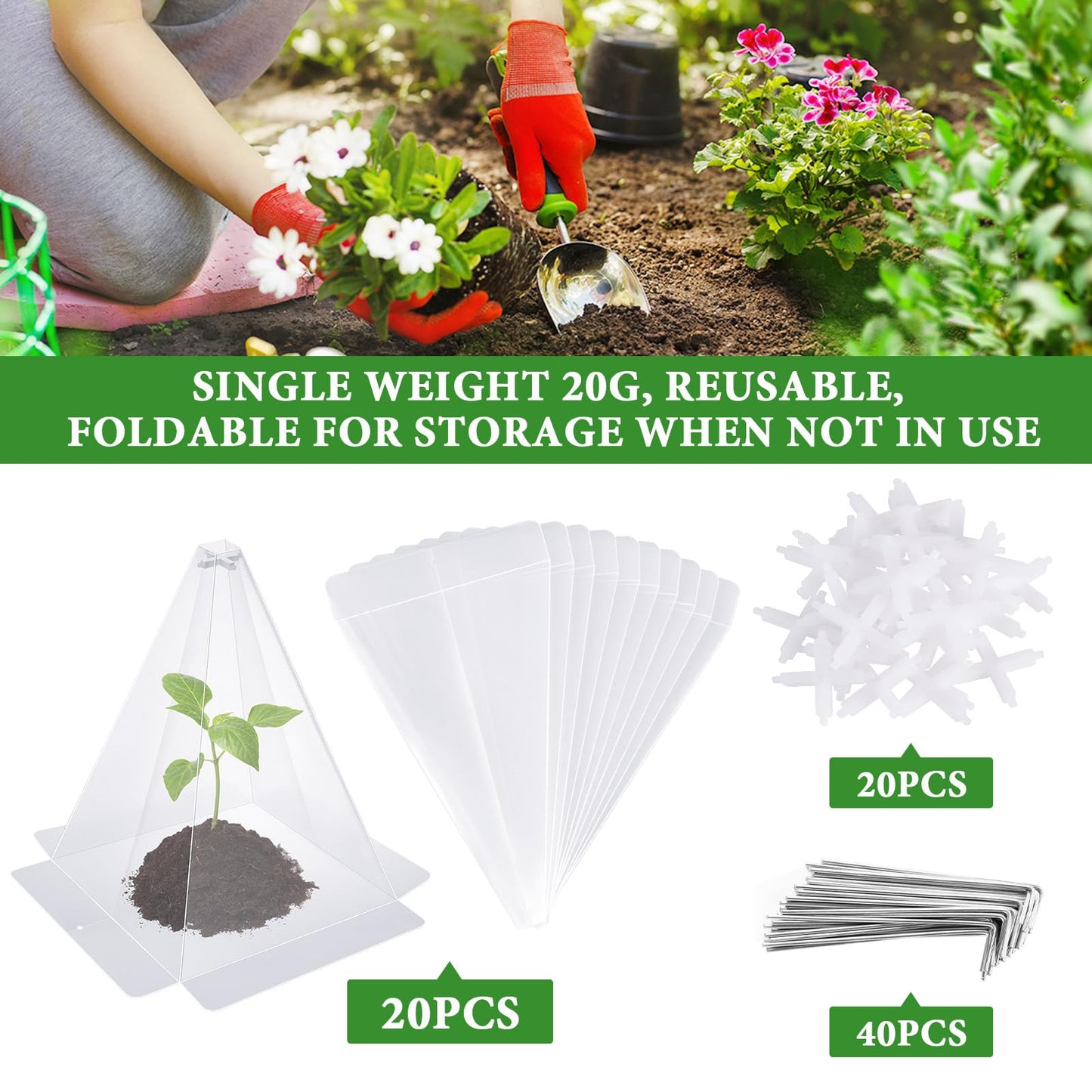 Niuyhe Garden Cloches for Plants, 20 Pack Plastic Small Plant Seedling Protector, Reusable Clear Bell Covers with 40pcs Metal Stakes, Mini Greenhouse Against Sun, Frost, Snails, Birds, 7.8" x 11"