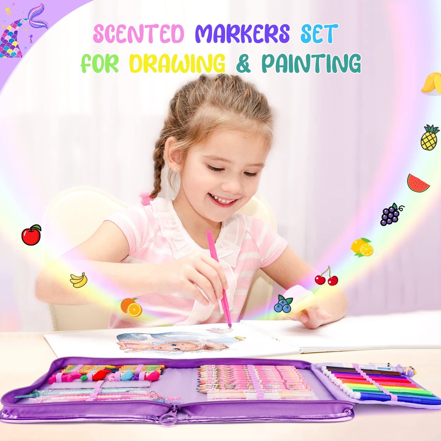 MAIGOZON Mermaid Art Craft Kit for Kids, 56 Piece Set with Pencil Case, Markers, Crayons, Gel Pens, Erasers, Stencils, Ruler