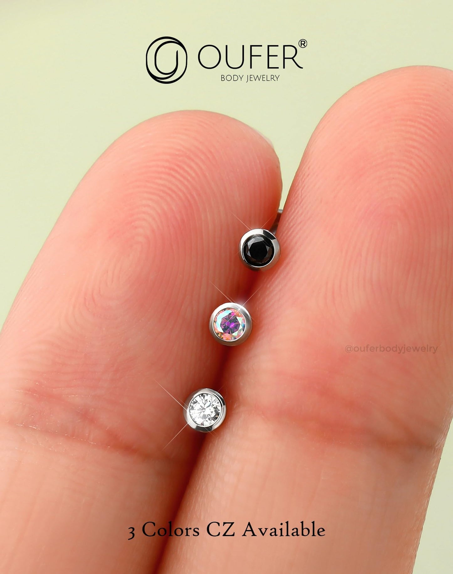 OUFER 2Pcs AB Nose Studs, 20G G23 Solid Titanium Threadless Nose Studs 2.5MM Flat Back Tiny CZ 2.5MM Nose Nostril Piercing Jewelry-7MM