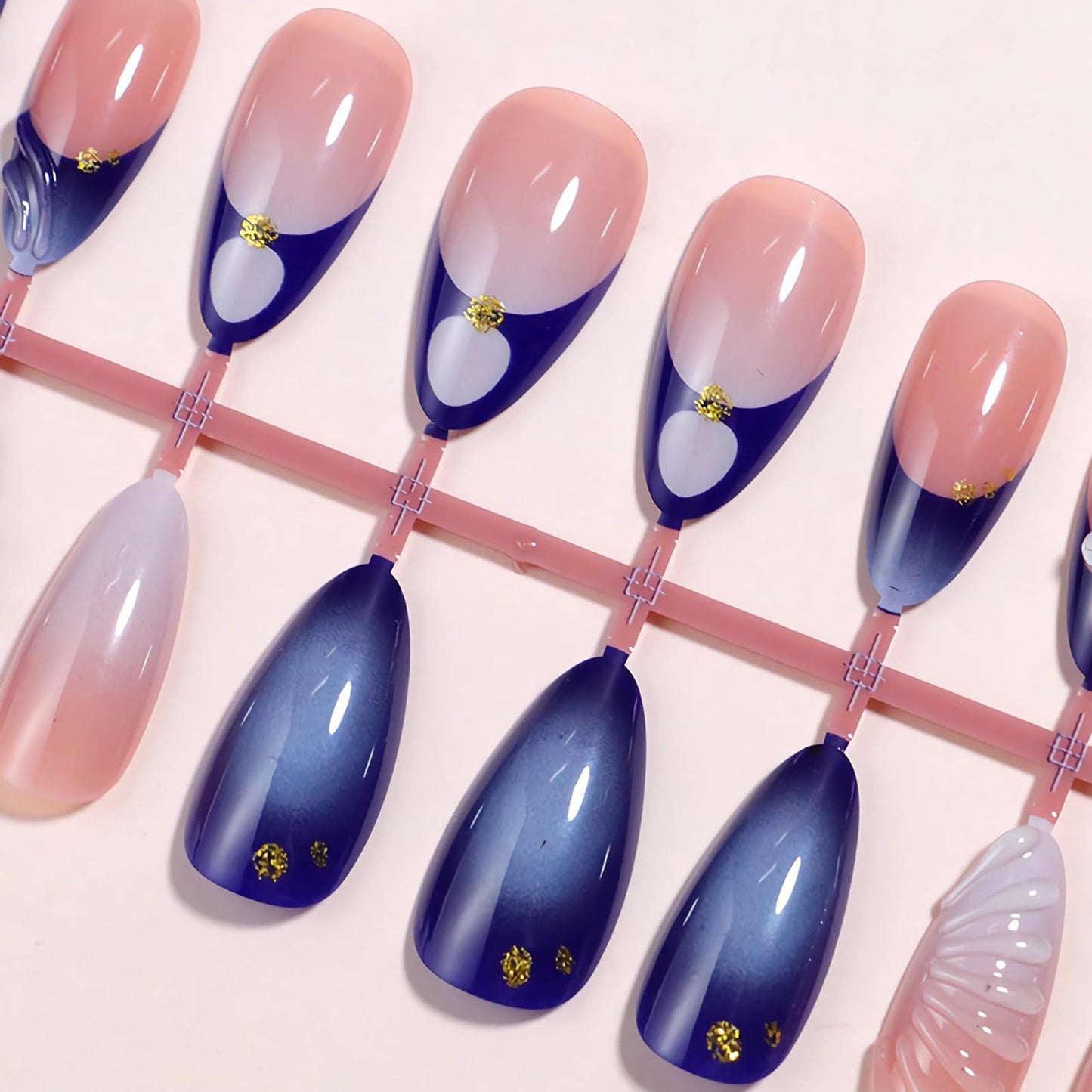 MISUD Press on Nails - Medium Almond Fake Nails with Navy Blue, Acrylic Handmade 3D Flower Gel Design 24 pcs