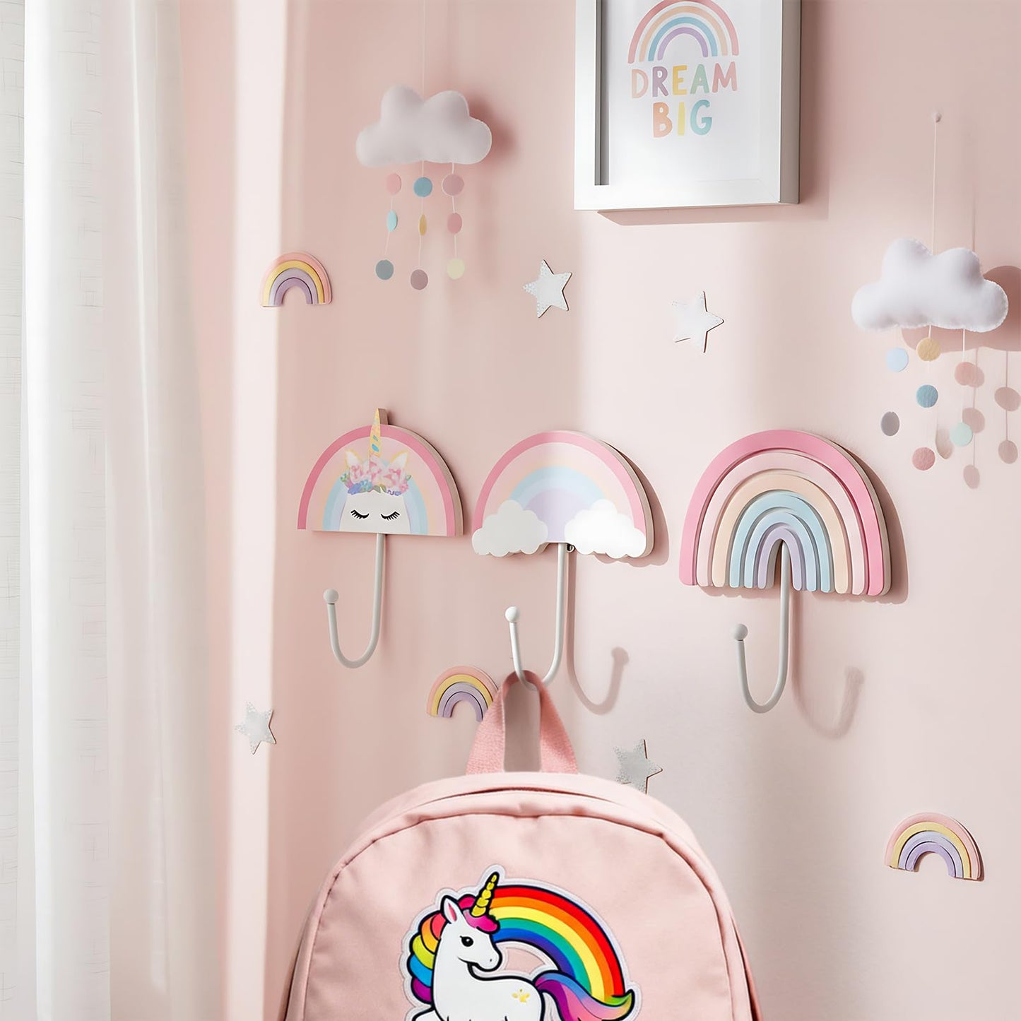 AceOrbit 3 Pcs Rainbow Wall Hooks Unicorn Wall Hangers Pink Nursery Coat Rack Rainbow Art Holder for Kids Bedroom Home Decoration