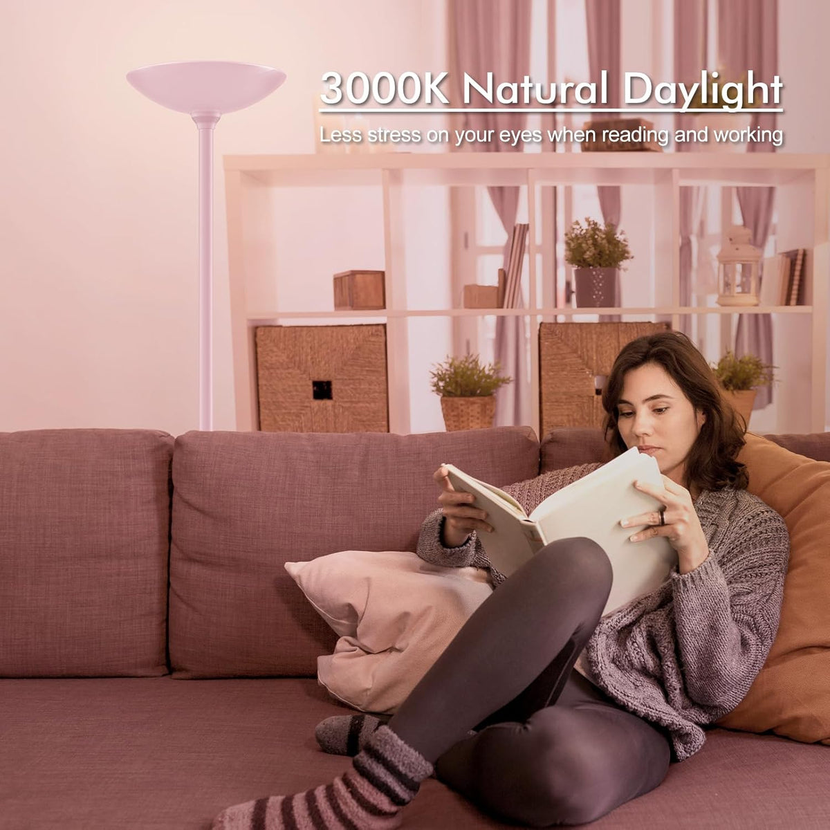 BoostArea Torchiere Floor Lamp Pink, 30W Super Bright LED Standing Lamp, 3000K Stepless Dimmable Pole Lamp with Rotary Switch, 71inch Tall Metal Modern Floor Lamps for Living Room,Bedroom,Home Decor
