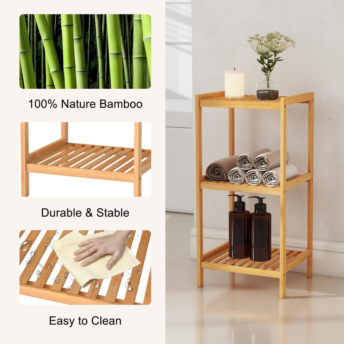 kinbor 3-Tier Bamboo Shelf Freestanding - Space-Saving Bathroom Standing Shelf & Plant Stand, 3 Shelf Bookcase for Kitchen, Living Room, Office (Natural Bamboo, Easy Assembly)