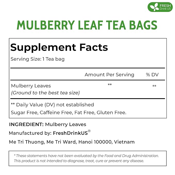 FreshDrinkUS, Premium 75 Mulberry Leaf Tea Bags, 100% Natural & Pure from Mulberry Leaves. Loose Leaf Herbal Tea. Made with Natural Material Tea Bags. No Sugar, No Caffeine, No Gluten, Vegan.