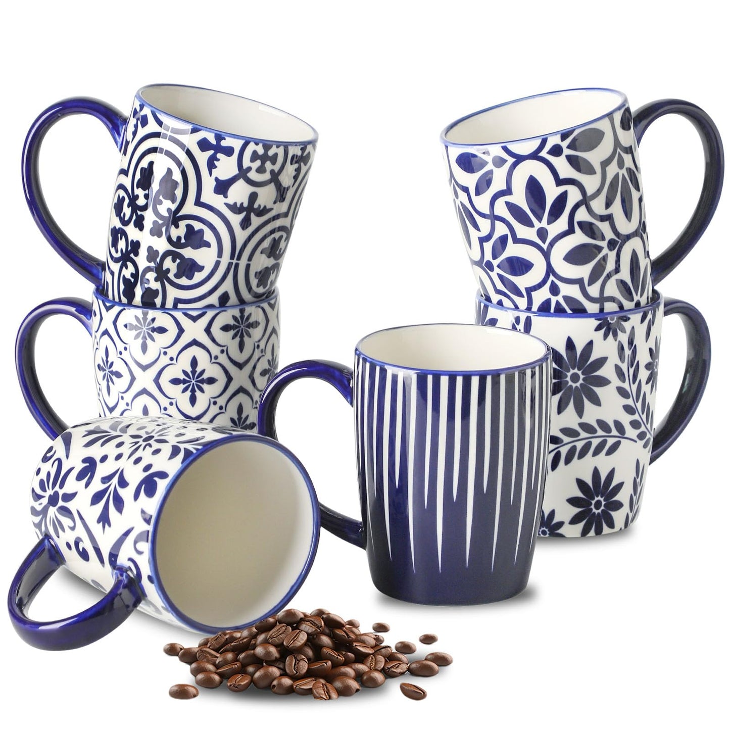 HASENSE Coffee Mugs Set of 6, 15OZ Ceramic Coffee Mugs with Blue and White Floral Patterns, Elegant Large Coffee Cups for Coffee, Tea, Latte & Cappuccino, Microwave & Dishwasher Safe, Vintage Blue