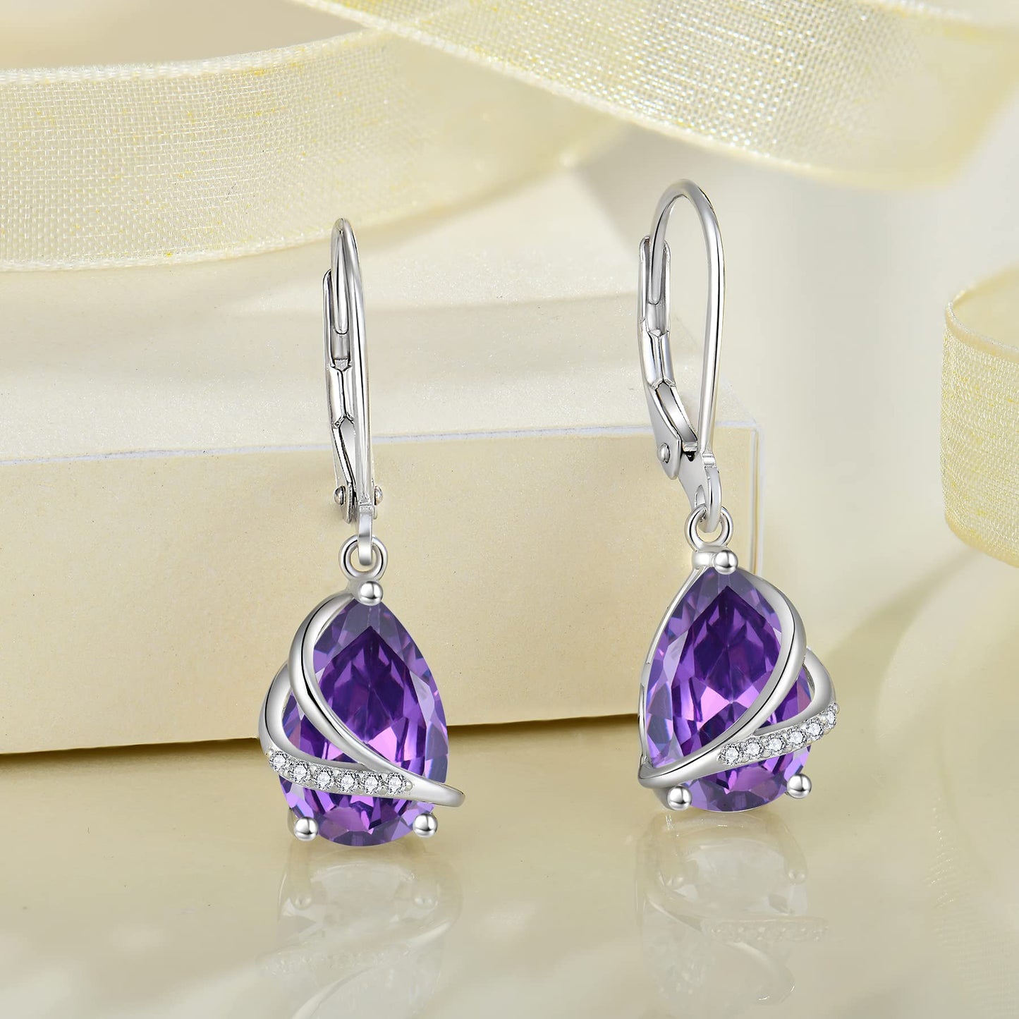 Rocayi Teardrop Amethyst Earrings 925 Sterling Silver Dangle Drop Earrings February Birthstone Jewelry for Women