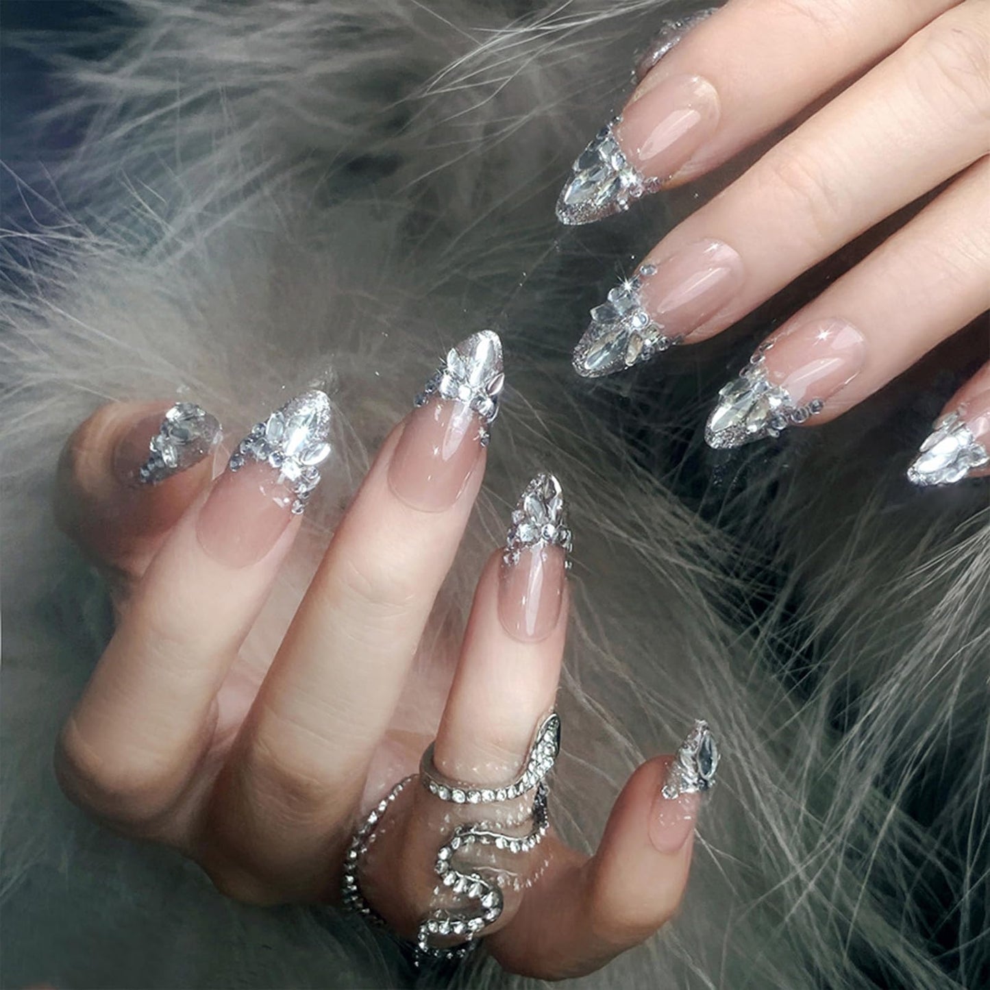 SINHOT Luxury Press on Nails - Medium Almond Fake Nails, Glossy Finish, French Tip & 3D Rhinestones, DIY Artificial False Nail Art - 24 Pcs Nail Kit with Glue