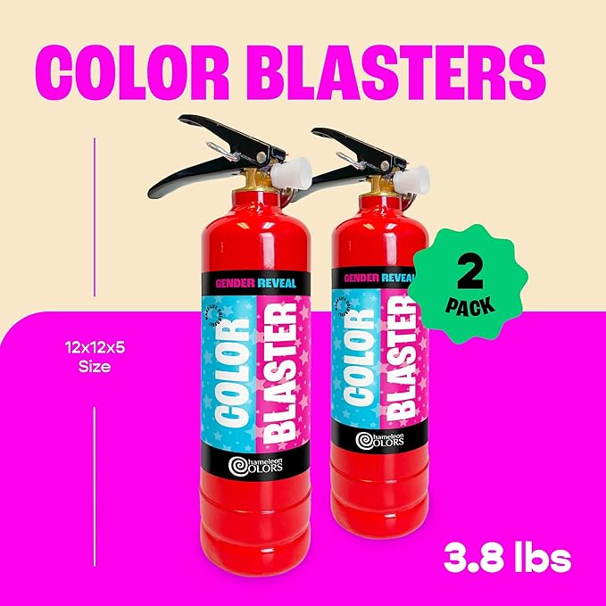 Chameleon Colors Gender Reveal Fire Extinguisher (Pink) - Built in America - Gender Reveal Powder Extinguisher for Baby Girl Photo Shoot or Party - 2 Pink Color Blasters - Non-Toxic