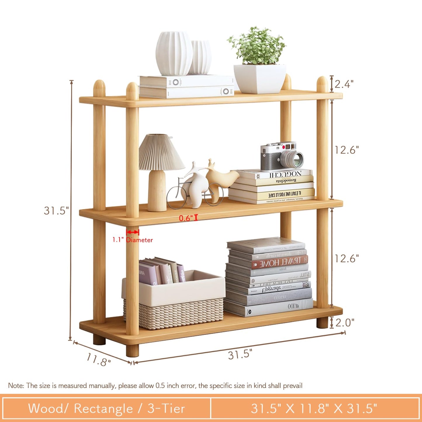 IOTXY 3-Tier Wooden Shelf Bookcase - Modern Open Bookshelf, Free Standing Storage Rack, Multifunctional Display Stand for Home and Office, Oak, Rectangle