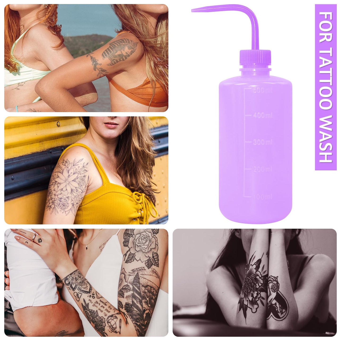 Grosun 4 Packs Tattoo Wash Bottle Water Squirt Squeeze Diffuser Bottles (Purple, 500ml)