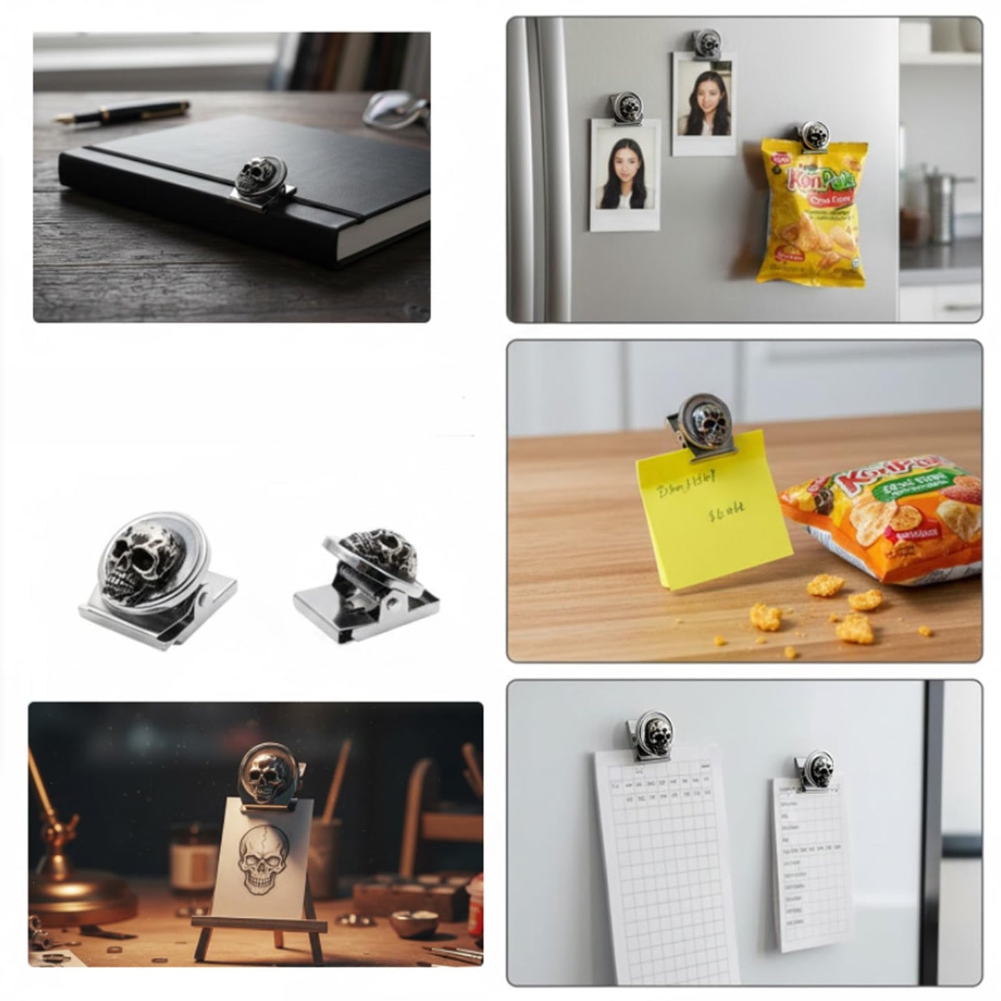 vinsiora Skull Magnetic Clips for Fridge, Set of 8 Metal Refrigerator Memo Holders, Strong Photo & Bag Clips for Kitchen Office Locker, Gothic Skull Fridge Magnets