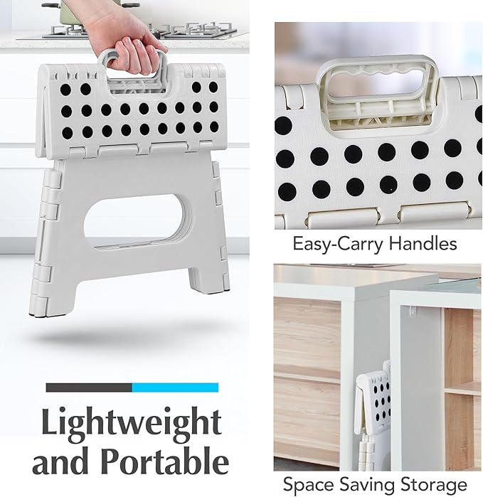 Handy Laundry Folding Lightweight Step Stool - Sturdy Enough to Support Adults and Safe Enough for Kids - Opens Easy with One Flip - Great for Kitchen, Bathroom or Bedroom (White - 9 Inch)