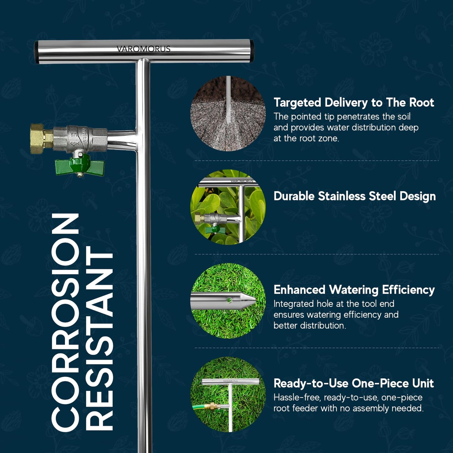 Varomorus Stainless Steel Deep Root Tree Watering Tool Irrigation System Wand T-Handle with Valve