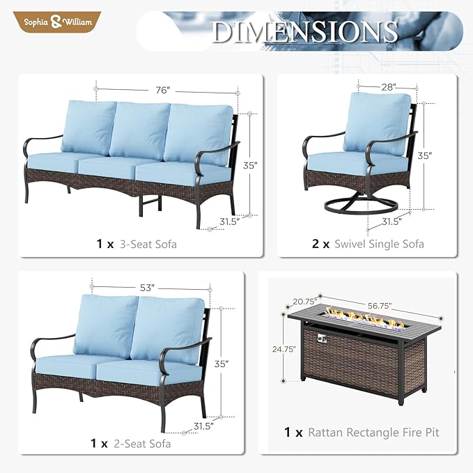 Sophia & William Patio Furniture Set, 5 Piece Metal Outdoor Conversation Set with 3-Seater Outdoor Couch, 2 Swivel Chairs, 1 Loveseat,1 Coffee Table for Outdoor Seating, Backyard, Porch(Blue)