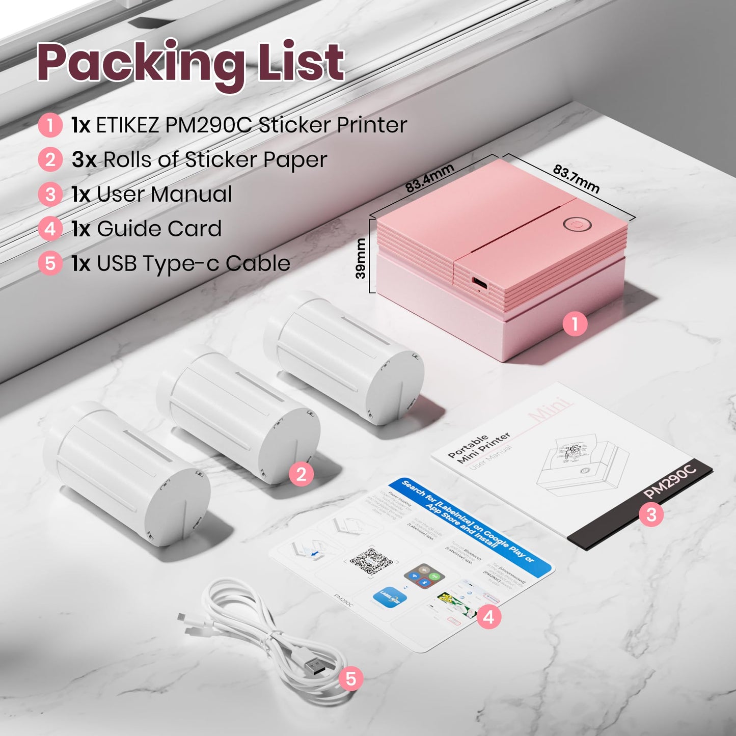 ETIKEZ Sticker Printer, PM290C Portable Mini Printer, Inkless Bluetooth Sticker Maker with 3 Rolls Paper, Impresora Portátil for Notes, DIY, Gift, Smart AI APP, Print Pod for Office, Pink 1pack