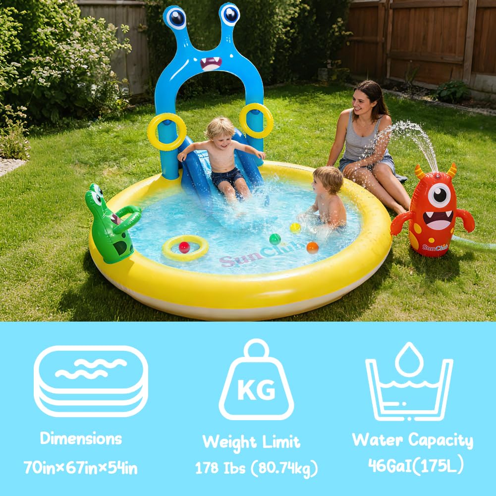 Inflatable Splash Pad for Kids - Monster Spray Inflatable Play Center Kiddie Pool with Slide Sprinkler Toss Rings & Balls, 70"x67"x54" Fun Outdoor Water Toy for Summer Backyard Seaside