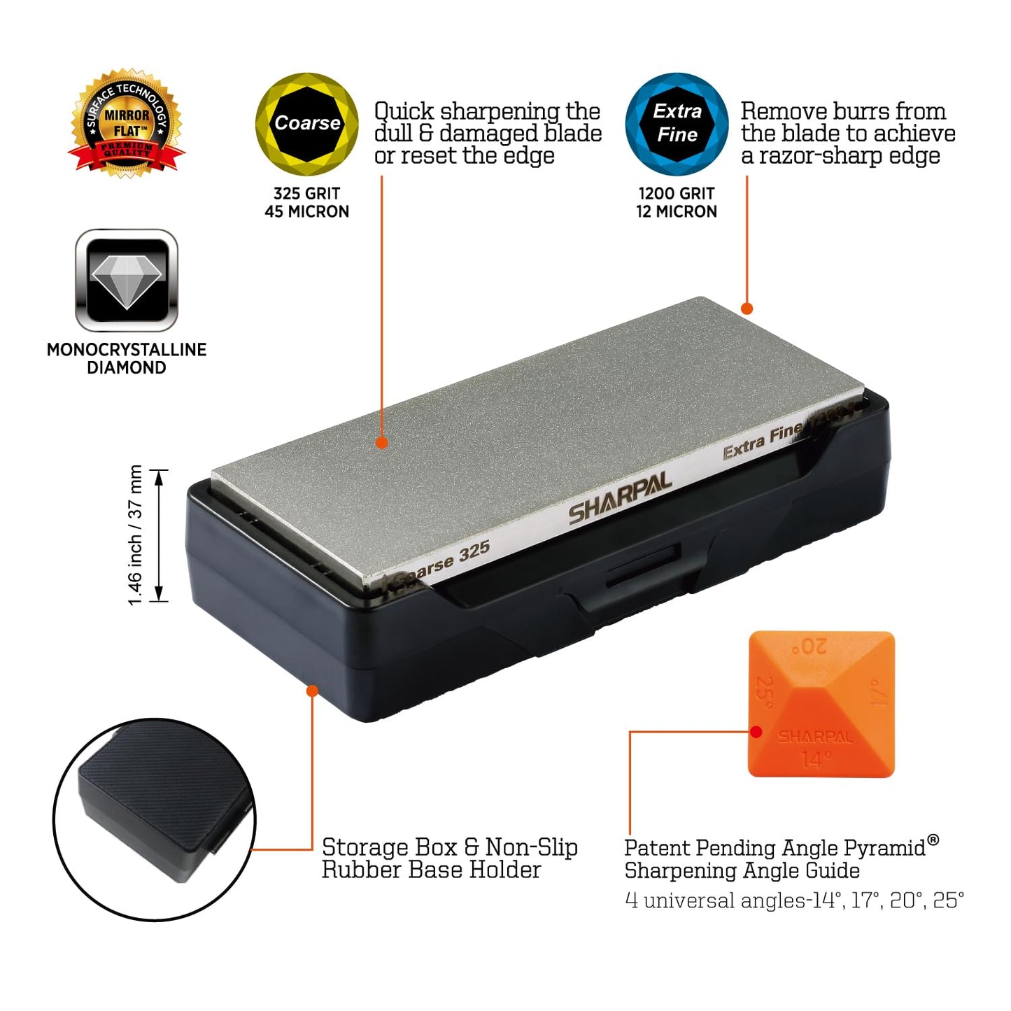 SHARPAL 156N Double-sided Diamond Sharpening Stone Whetstone Knife Sharpener | Coarse 325 / Extra Fine 1200 Grit | Storage Case with NonSlip Base & Angle Guide (6 in. x 2.5 in.) Mothers Day Gifts