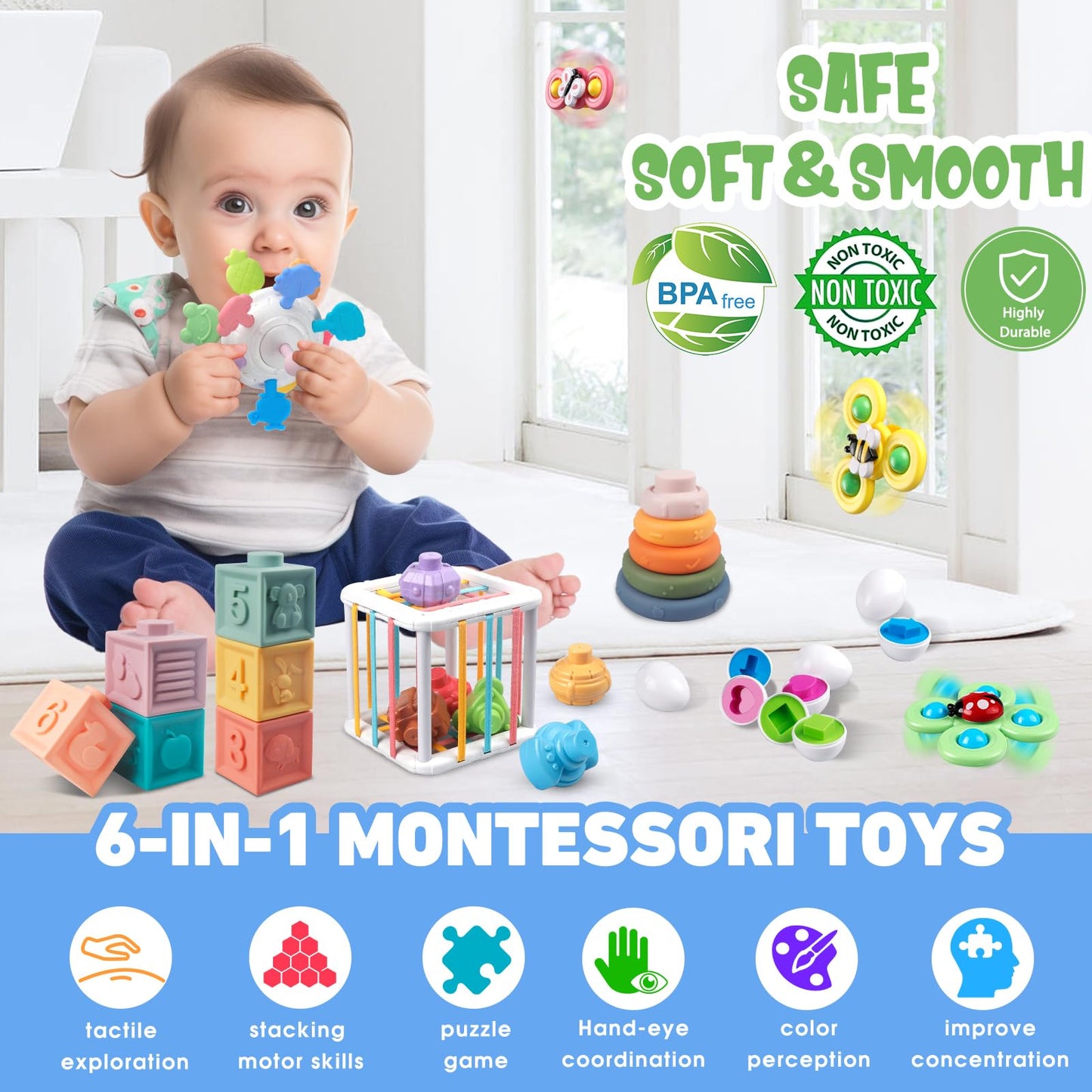 Plunack 6 in 1 Baby Toys 6 to 12 Months, Montessori Toy Infant Teething Babies Toy Stacking Blocks Rings Pull String Toy Sorter Sensory Bin