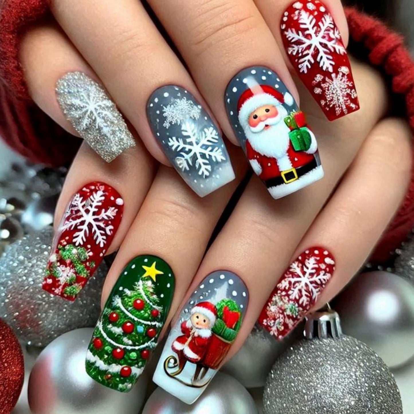 Christmas Press on Nail Long Coffin Fake Nails with designs Acrylic Stick on Nail Snowman Snowflake Christmas Tree designs Holiday False Nails White Red Green Glue on Nails for Women Holiday Decor