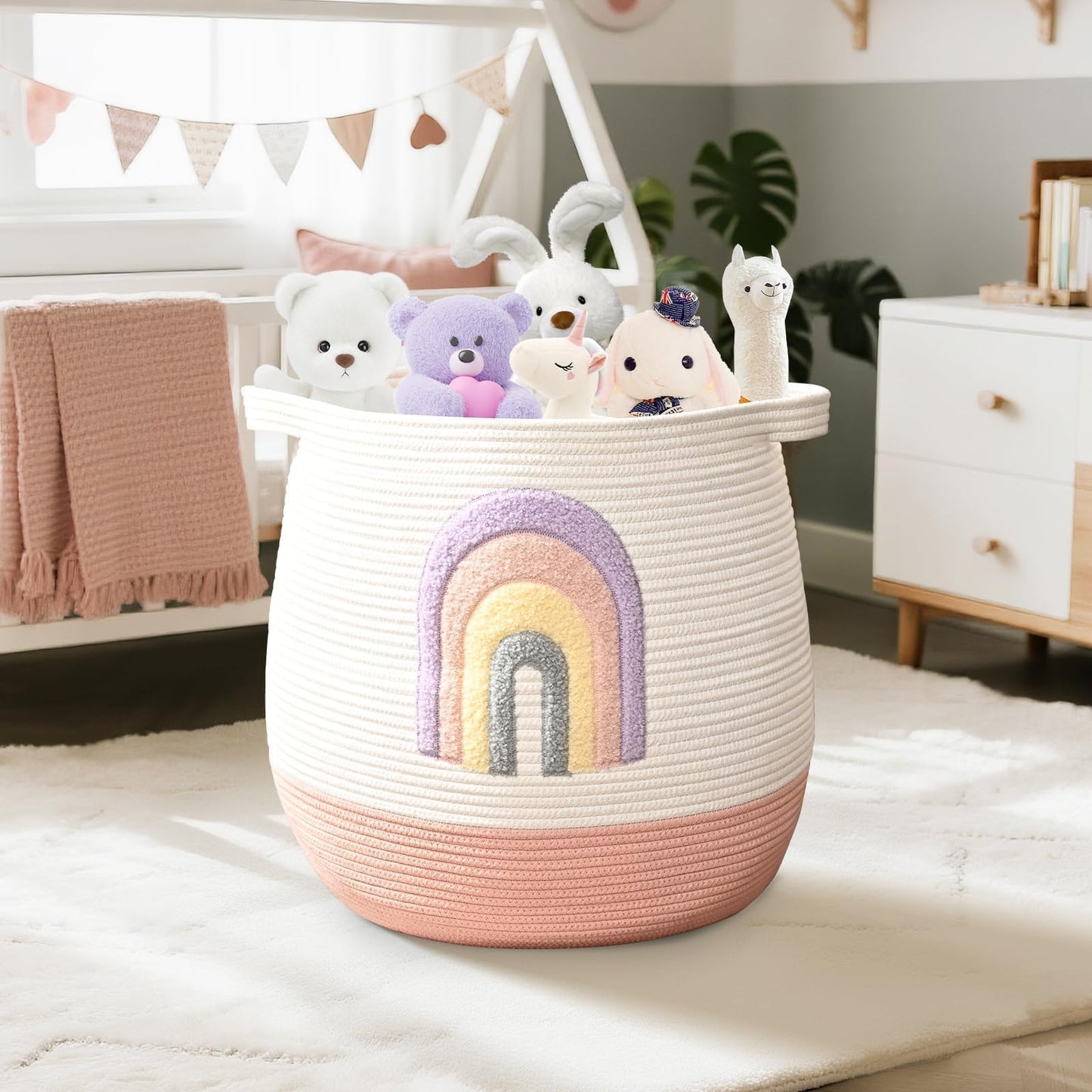 Large Baby Laundry Hamper, Rainbow Laundry Basket for Baby, Toy and Blanket Storage Basket for Nursery and Playroom, Cotton Rope Hamper for Kids, 17.7"x15.7"