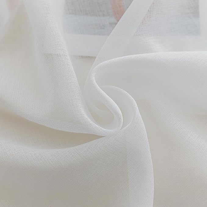 White Sheer Curtains 72 inch Long, Fringed Edges and Textured Semi Sheer Curtains Large Window Treatments for Living Room/Bedroom, 3 Panels