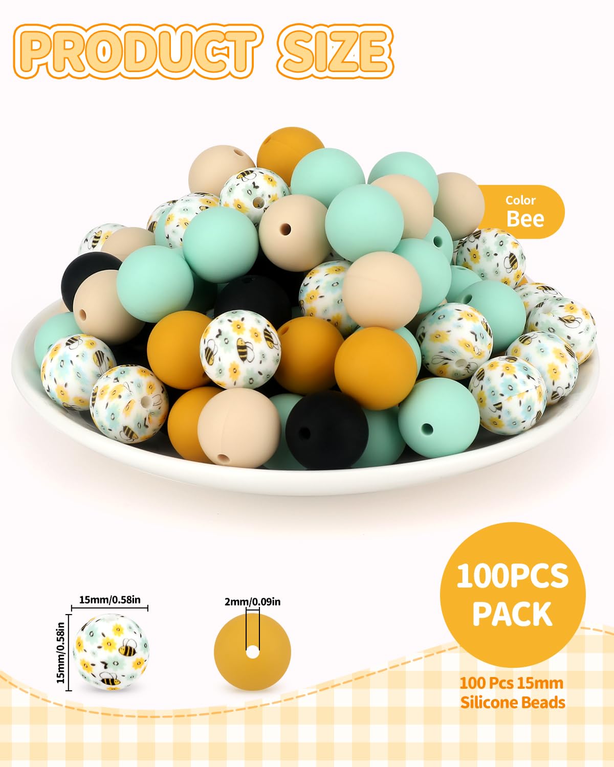 SALUOKE 100 Pcs 15mm Silicone Beads for Keychain Making, Bee Silicone Beads Bulk Round for Bracelets Pens Crafts Jewelry Making (Bee)