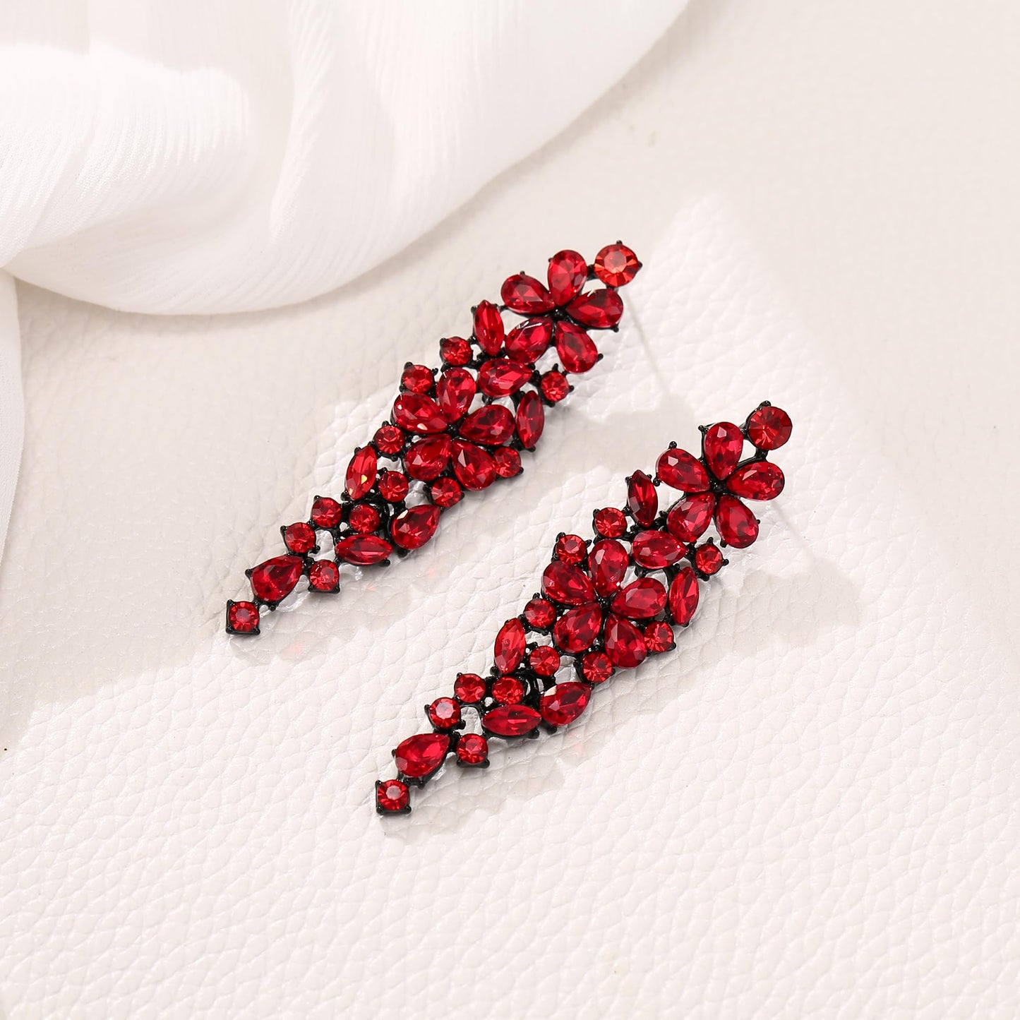 EleQueen Sparkle Marquise Rhinestone Crystal Statement Dangle Earrings for Women, Black-Tone Red Crystals Art Deco Prom Chandelier Jewelry for Wedding Bridal