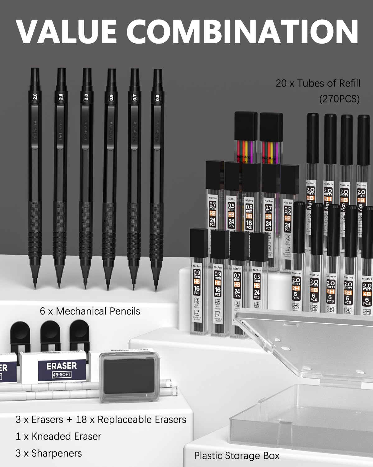 Nicpro 35PCS Black Metal Mechanical Pencils Set in Case, Art Drafting Pencil 0.5, 0.7, 0.9 mm & 3PCS 2mm Graphite Lead Holder for Drawing Sketching With 20 Tube Lead Refills(6B 4B 2B HB 2H 4H Colors)