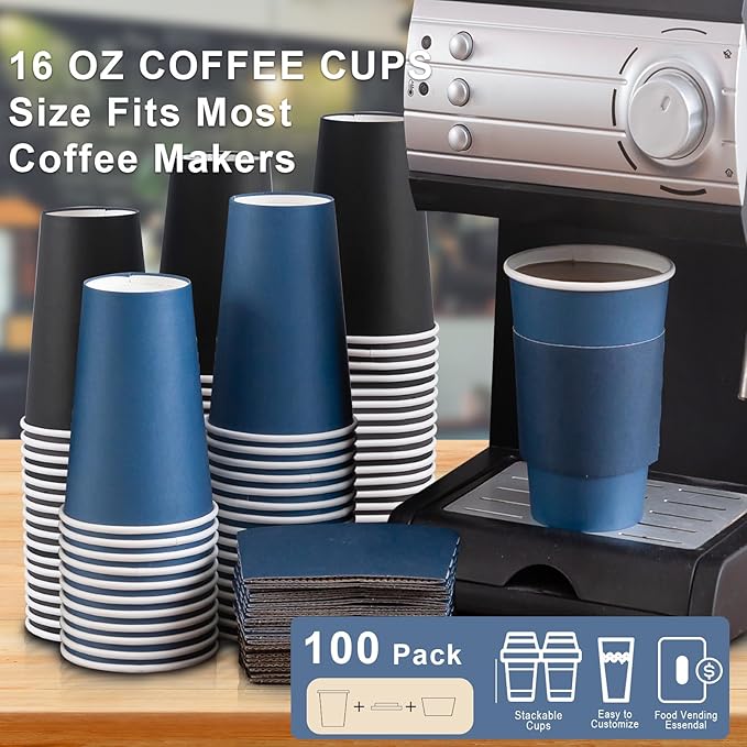 SIUQ 100 Pack 16 oz Disposable Coffee Cups with Lids and Sleeves, To Go Paper Cups, Hot & Cold Drinking Cups for Tea, Coffee, Water, Hot Chocolate, Paper Coffee Cups Ideal for Home,Cafes,Store