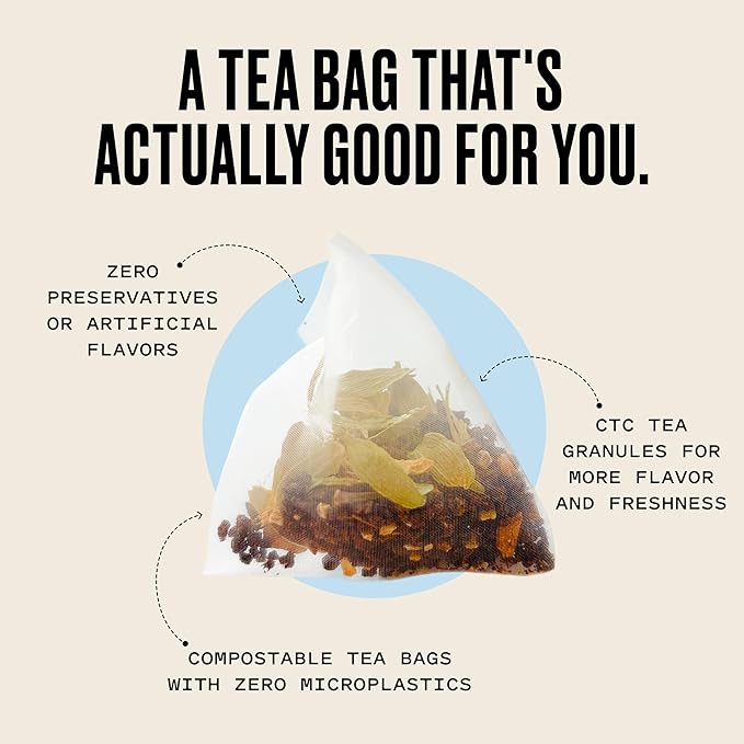 Kolkata Chai - Decaf Chai Tea Bag, 45 Count, Premium Assam Black Tea and Spices, Compostable Tea Bags, Vegan, All Natural