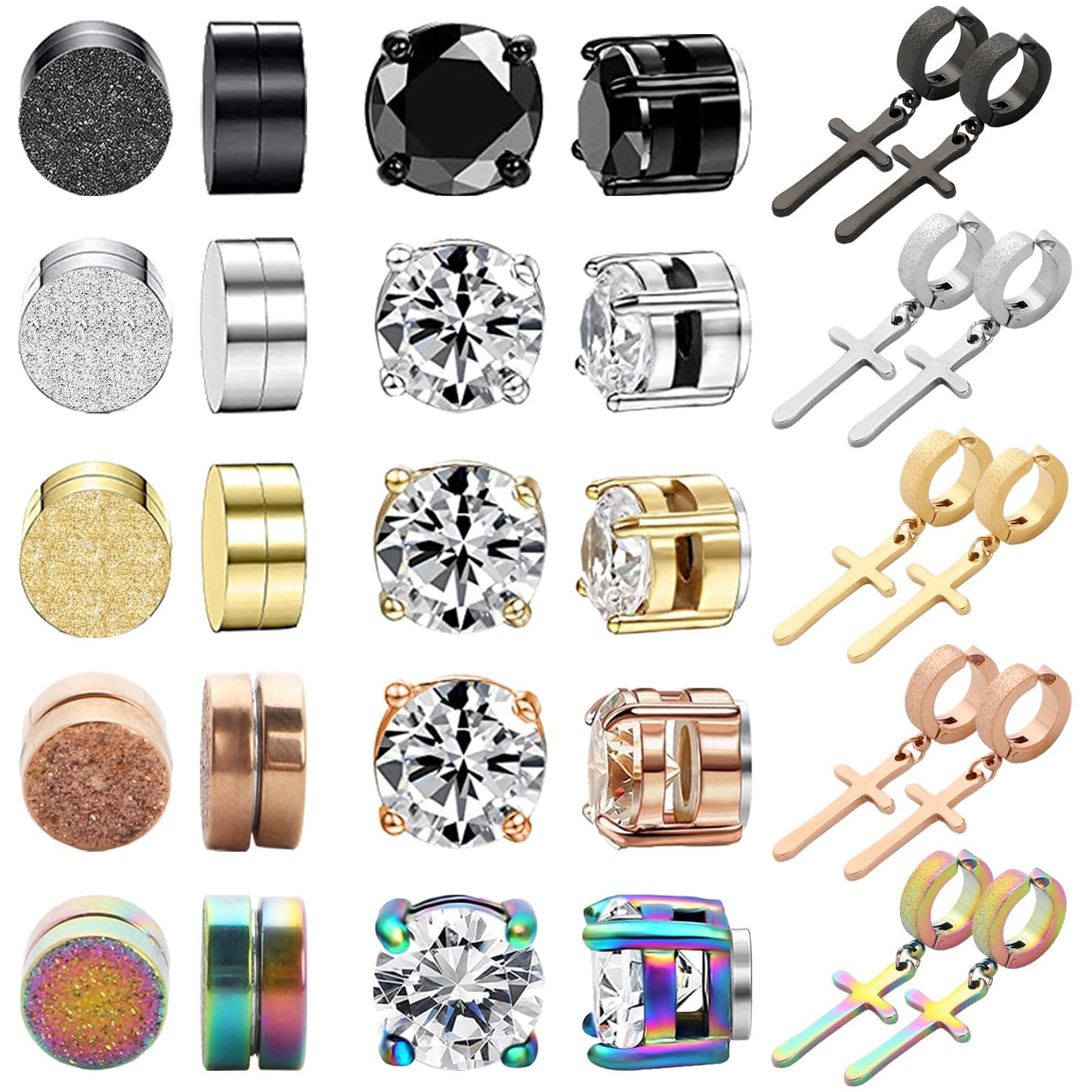 NEWITIN 15 Pairs Magnetic Stud Earrings for Men Clip on Earrings Stainless Steel Magnet Earring Unisex Dangle Cross CZ Hoop Magnetic Stud Earring Set for Men Women
