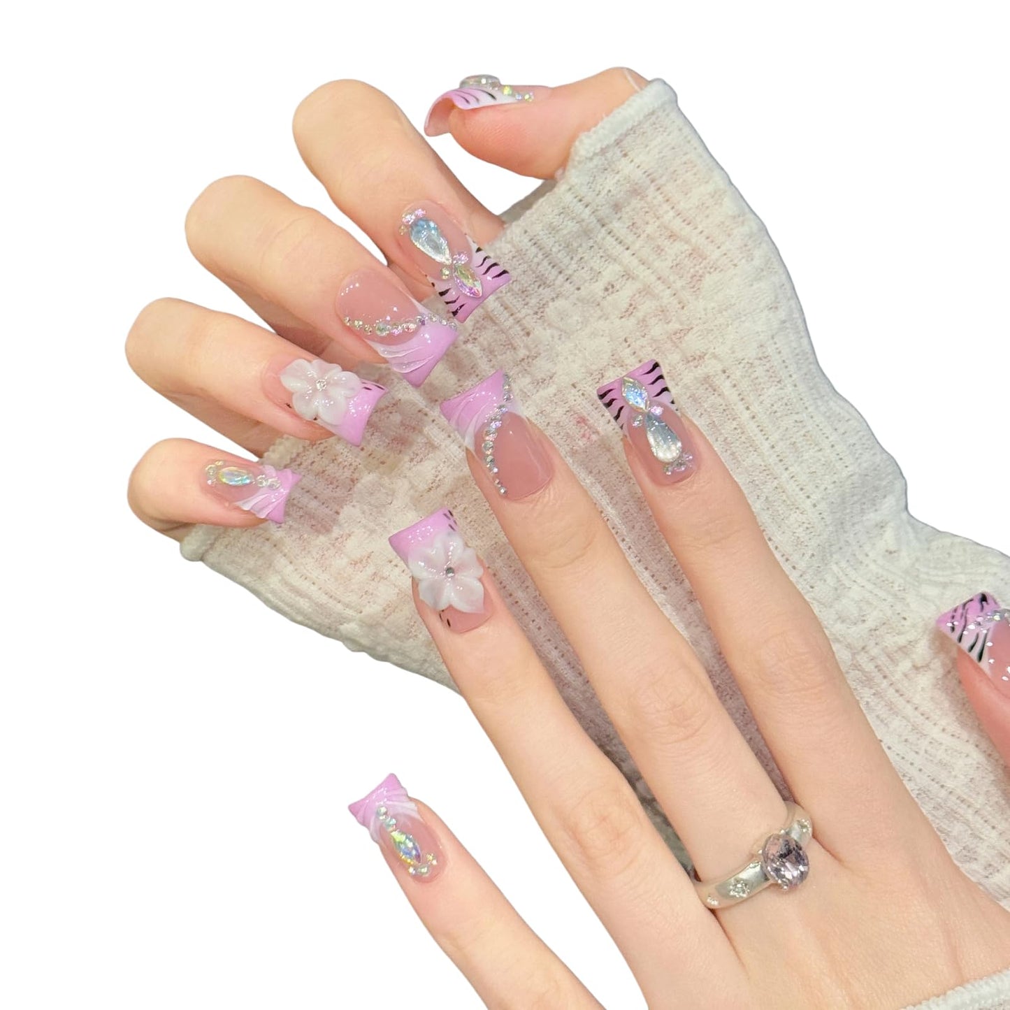 Tesytto Handmade Press On Nails Pink Zebra Print Short with Big AB Crystal Gem and 3D Flower Charm, Stick On Fake Nails, Reusable Bling False Nail Tips for Club Party, 10 Pcs (Floral Shade Tiger,S)