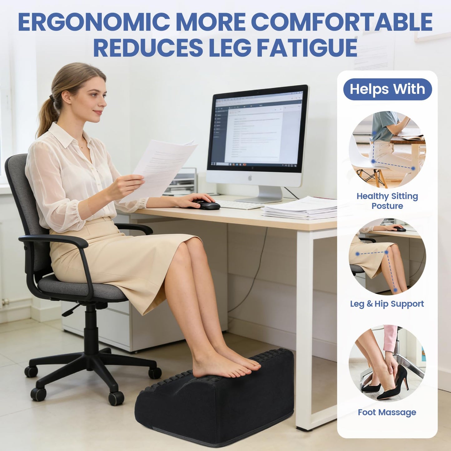 Foot Rest for Under Desk at Work, 3-Tier Foot Stool with Massage Dots and Thick High-Density Foam, Ergonomic Footrest with Washable Cover for Home and Office, Back, Legs & Hip Pain Relief, Black