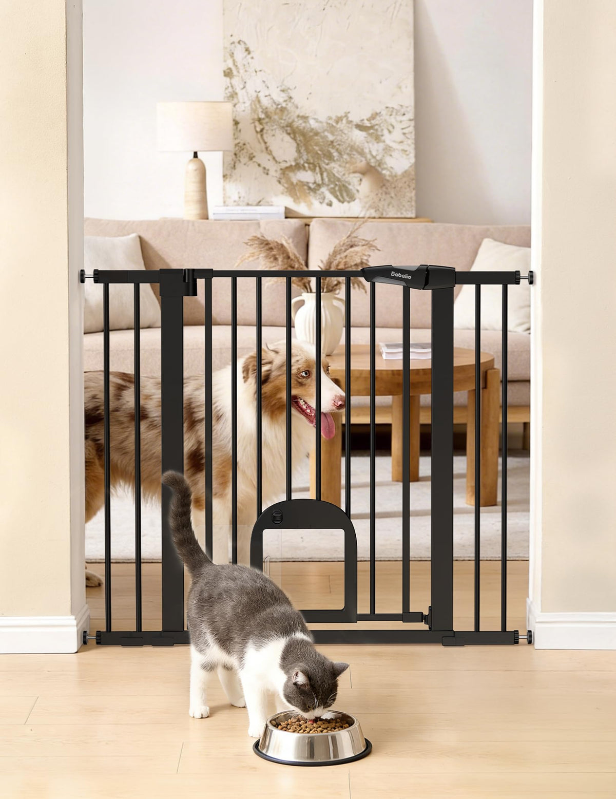 Babelio Dog Gate with Adjustable Cat Door, CatPrivilege III, 29-43", Black