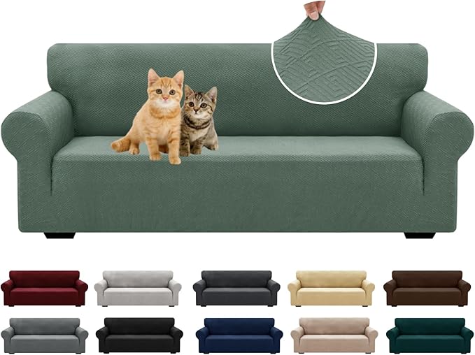 XINEAGE New 1 Piece Couch Covers for 3 Cushion Couch (79"-91") Stretch Sofa Cover Slipcover Pet Friendly Soft Washable Furniture Protector with Elastic Bottom for Kids,Dog (Sofa, Pea Green)
