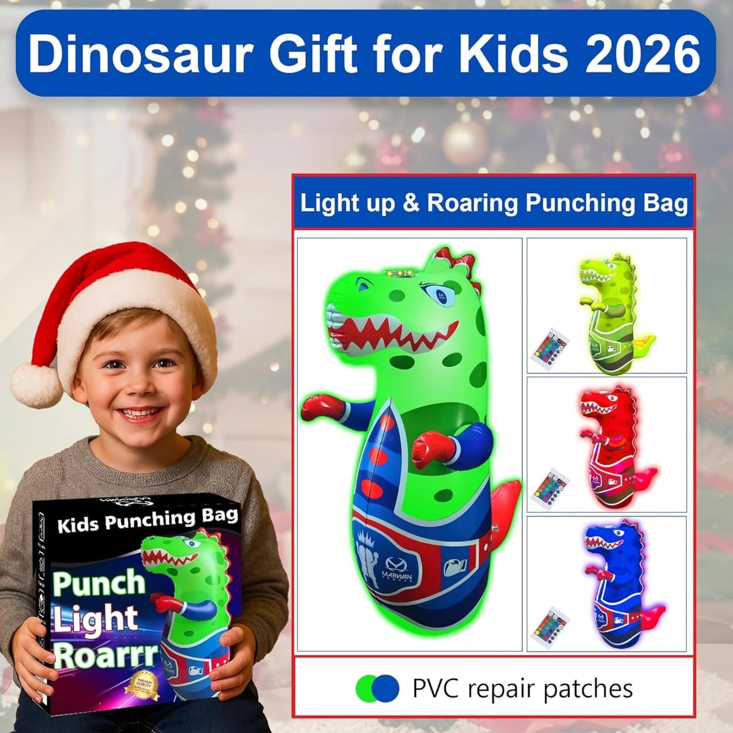 Marwan Sports Punch, Light & Roar Dinosaur Punching Bag – 47" Inflatable Bop Bag for Kids Ages 3-14 | Bounce-Back Toy with Lights & Roaring Sounds | Active Play Gift for Toddlers & Children