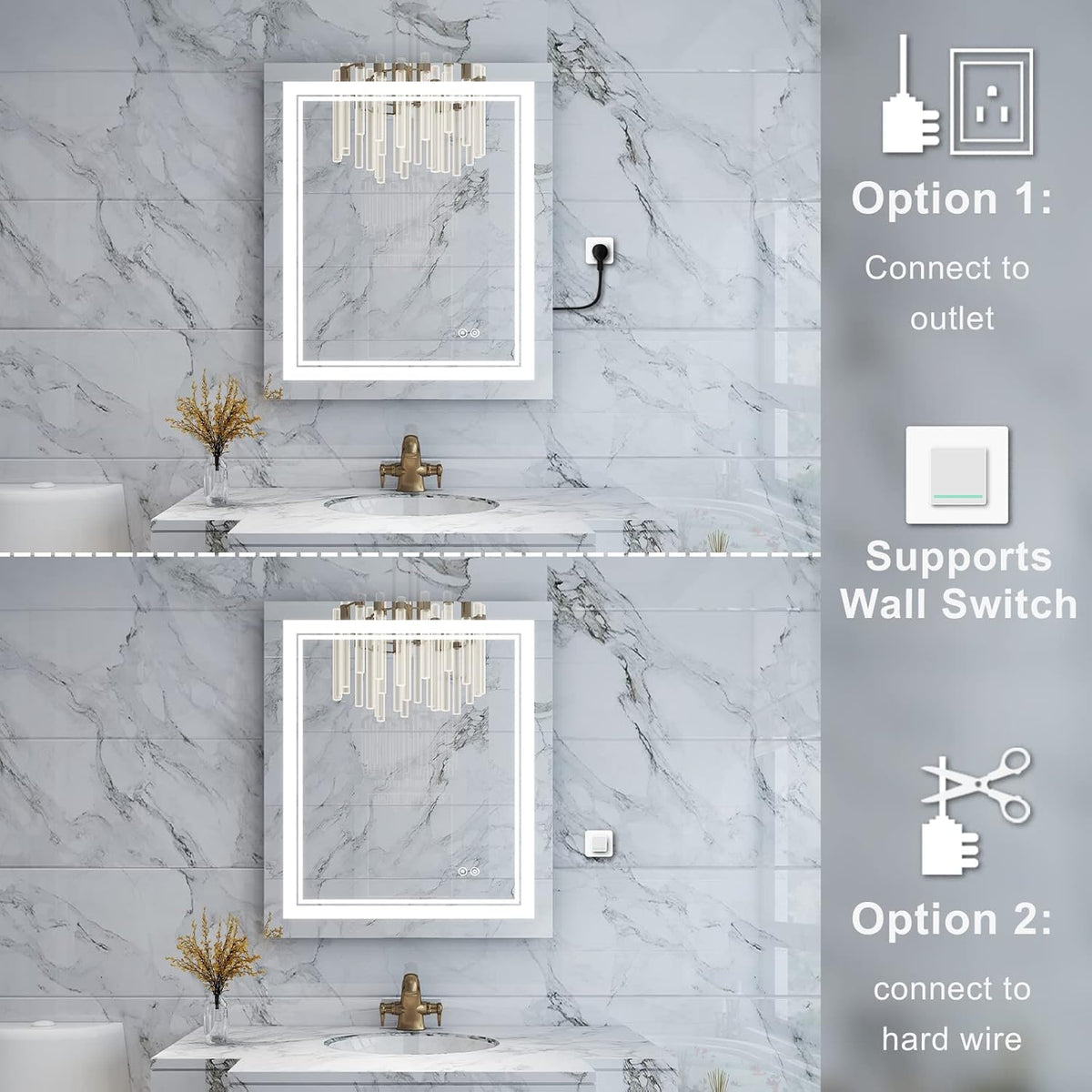 WELLFOR LED Bathroom Vanity Mirror 20 x 28 Inch, Lighted Anti-Fog Dimmable Mirror, IP44 Waterproof Wall Mounted Makeup Mirror, Packed with US Standard Plug and Touch Switch, (Horizontal/Vertical)