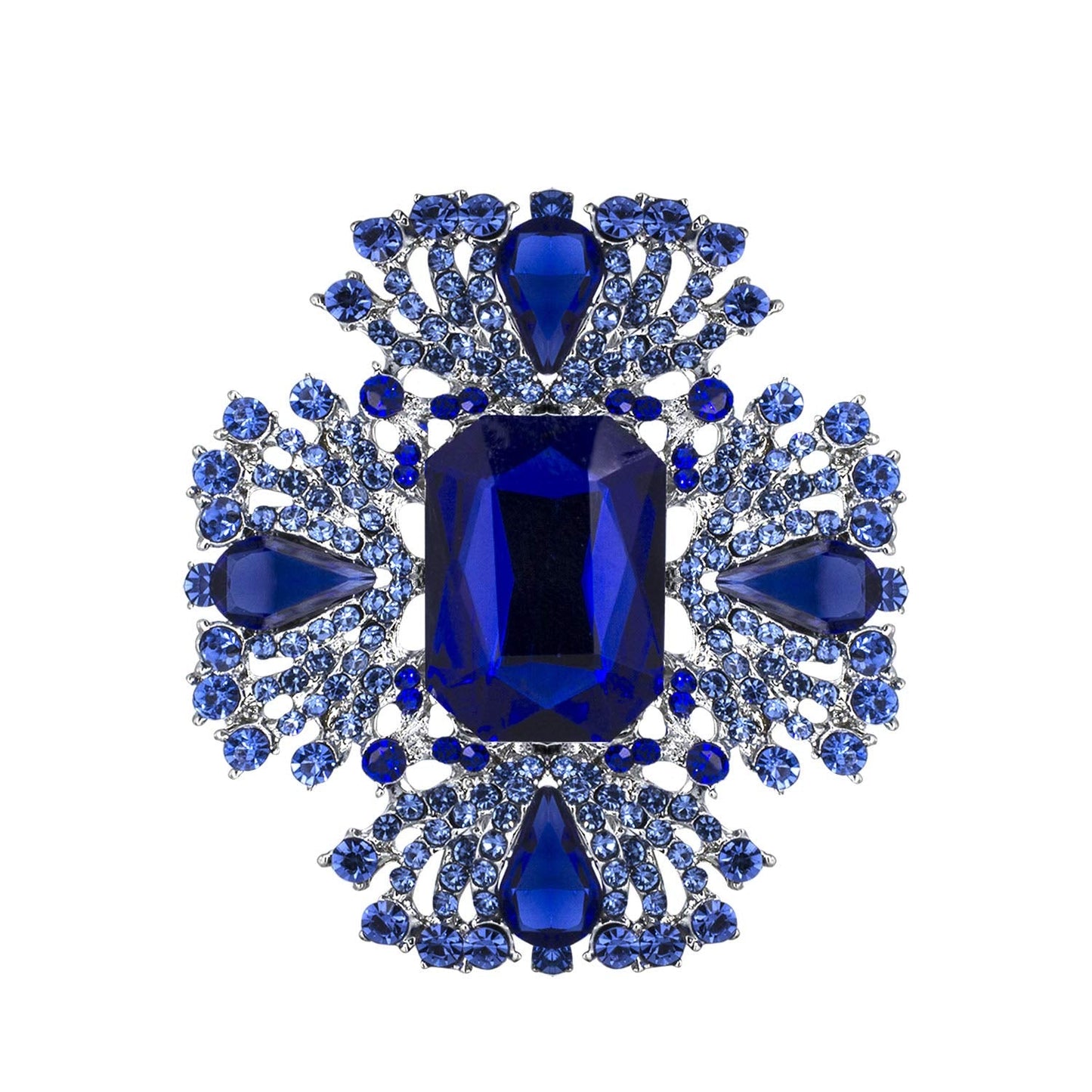 YOQUCOL Vintage Blue Austrian Crystal Rhinestone Cross Flowers Shaped Brooch Pin Elegant Jewelry For Women